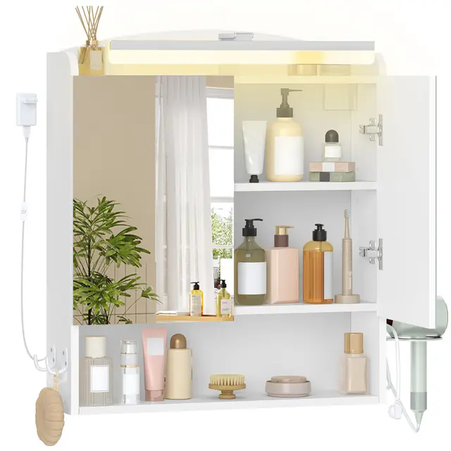 Hzuaneri Armario de Baño, con Espejo y Luz LED, Mueble Espejo de Pared, Armario baño Pared, con Soportes y Ganchos para secador de Pelo, con Interruptor y Enchufe, 16,5 x 60 x 68,5 cm Blanco