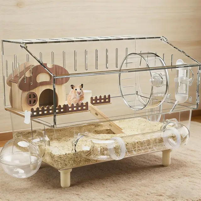 Jaula grande de acrílico para hámster, jaulas de jerbo de 2 capas con parte superior transparente completa, casa abierta para hámster con todos los accesorios para ratones de mascotas, hábitat grande
