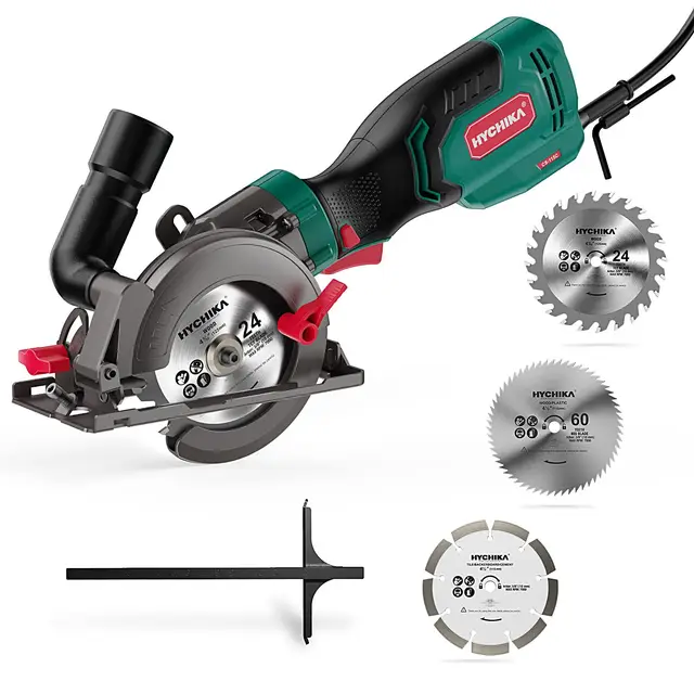 HYCHIKA Mini Sierra Circular 750W 3500RPM, Sierra Compacta de Mano con 3 Hojas (24T/60T/9T) para Madera, Metal y Azulejo, Corte Bisel 45°/90° (Profundidad Máx 48mm), Bricolaje