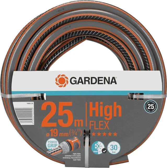 Manguera Comfort HighFLEX de Gardena 19 mm (3/4 pulgadas), 25 m: manguera de jardín con perfil Power Grip, presión de rotura 30 bar, rígida (18083-20)