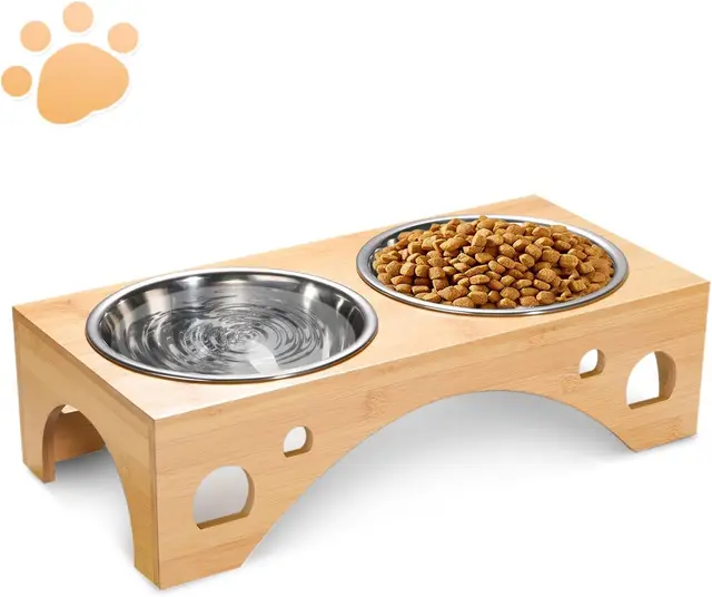 Comedero Perro Elevado, Comedero Alto Perro FoiiLiio con 2 Cuencos de Acero Inoxidable de 1100 ML, Platos para Perros con Soporte de Bambú