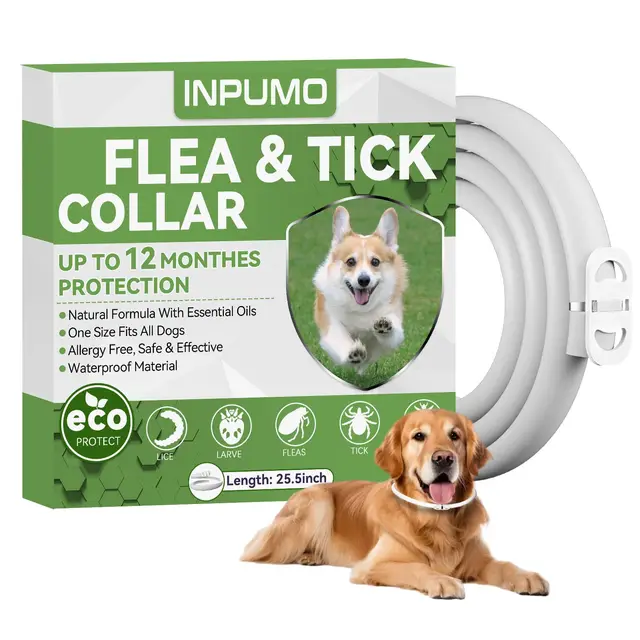 Inpumo Collar Antiparasitario para Perros, Collar Antipulgas y Garrapatas Fórmula Natural Segura, Impermeable, Ajustable, Protección de 12 Meses, Apto para Todos los Tamaños (1 Pack)
