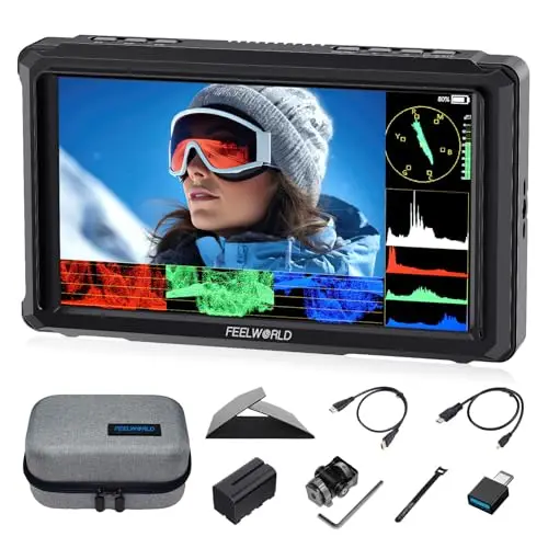 FEELWORLD FW568 Pro 6 Pulgadas 1200nit Alto Brillo Cámara Monitor de Campo con F750 4400mAh Batería y Bolsa, Custom 3D LUT 4K 60Hz HDMI en la Salida de Forma de Onda de Supervisión de Peso Ligero