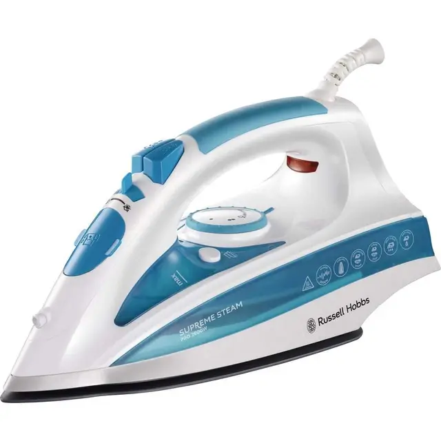 Russell Hobbs Plancha de Ropa Steam Glide Professional - 2600 W, Suela de Cerámica, Antideslizante, Planchado Seco, Golpe Vapor 210g, Vapor Continuo 70g, Función Autolimpieza, Blanco y Azul - 20562-56