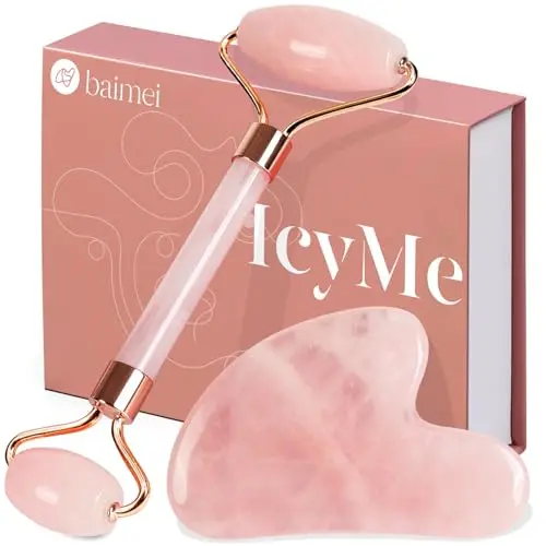 BAIMEI Gua Sha & Jade roller,cuarzo rosa GuaSha,masajeador facial gifts for women,Relajante de Los Músculos del Cuerpo, Mejora Las Bolsas de Los Ojos
