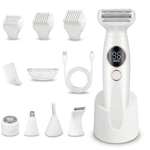 Carehabi 5 en 1 Afeitadora Eléctrica Mujer & Depiladora Zona Íntima - Rasuradora Femenina Impermeable IPX7 para Bikini, Cara, Cejas y Cuerpo - Máquina de Afeitar con Base de Carga USB (Lady Shaver)