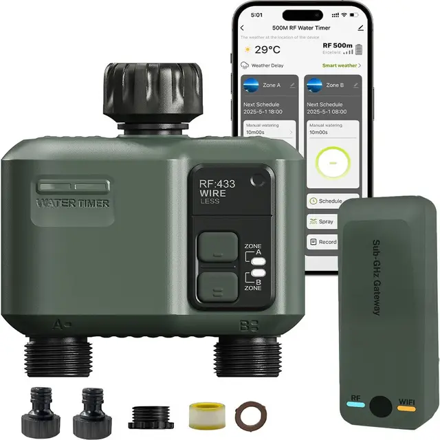 johgee Programador Riego WiFi 2 Salidas con tecnología RF 433 500M, riego temporizado Inteligente con App, Control por Voz Alexa, 6 horarios de riego, Temporizador de riego automático para jardín