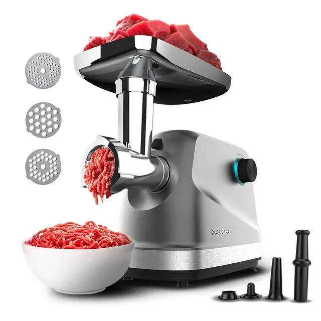 Cecotec Picadora Eléctrica de Carne Crusher 1400 Steel, 1360 W, Óptimo para Picar, Trocear y Cortar, 1 Cuchilla Acero Inox y 3 Placas de Corte con agujeros para 3 mm, 5 mm y 7 mm