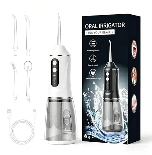 Irrigador Bucal Portatil, Irrigador Dental Inalámbrico Profesional 4 Boquillas 3 Modos, IPX7 Impermeable Depósito de 380 ML Tecnología de Agua Pulsada y Larga Autonomía para Hogar y Viajes