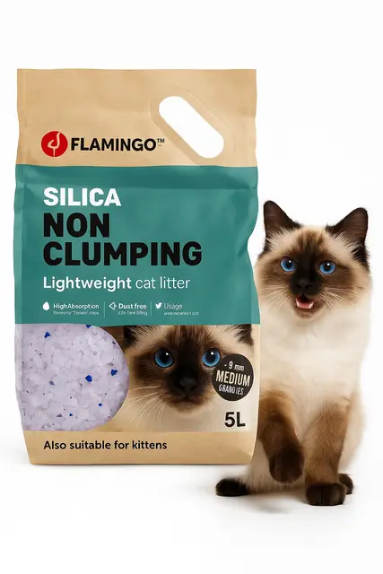 Flamingo - Cama para Gatos de sílice granulados de tamaño Medio 5L, Apta también para Gatitos, Absorbe rápidamente