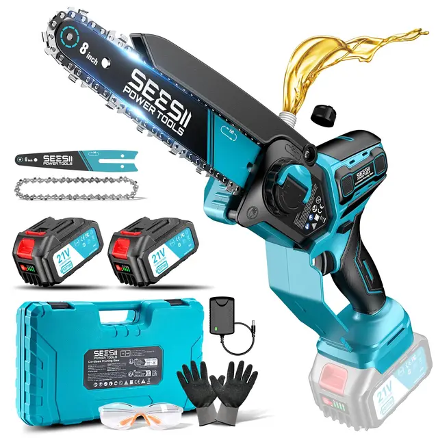 SEESII 6 & 8 Pulgadas Motosierra Bateria, 1000W Brushless, Mini Motosierra con 2*4000mAh Batería, Sierra Eléctrica para Podar con Lubricación Automática, Motosierras Pequeñas Árboles y Cortar Madera