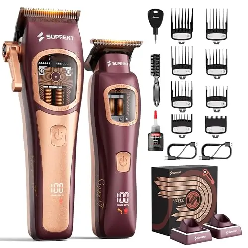 SUPRENT Maquina de Cortar Pelo Hombre, Cortapelos Profesional 8500-11000RPM Motor Vectorial Inteligente de Doble Bobina, Cortapelos Inalámbrico, Bases de Carga, Uso de Barbero (Rojo)