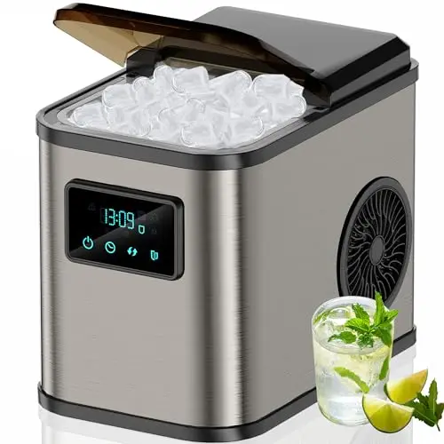 Máquina de Cubitos de Hielo de Acero Inoxidable Con Pantalla LED Función de Limpieza Depósito de Agua de 2 Litros Incluye Pala y Cesta 2 Tamaños Para Cocina