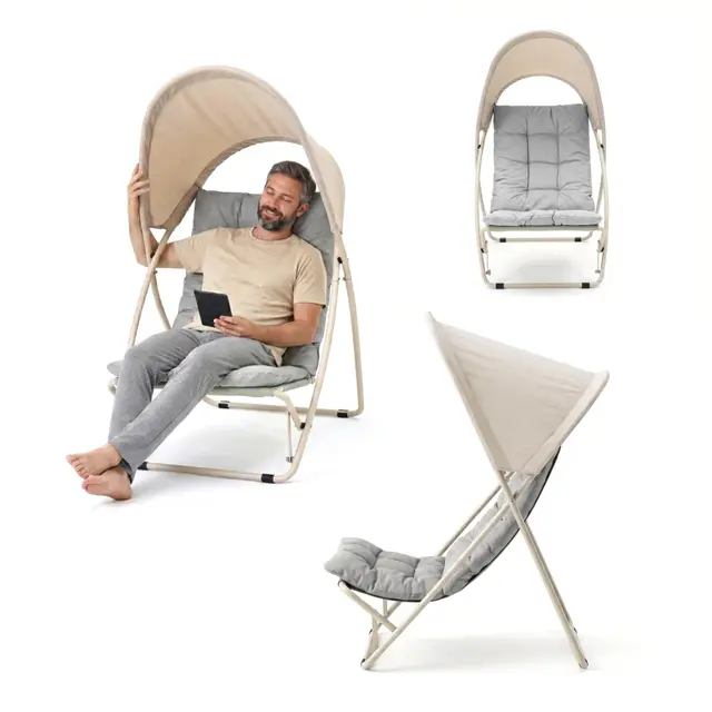 HAPPERS Sillón de Jardín Exterior| Silla Plegable Camping Acolchada con Parasol | Butaca para Patio Playa, Piscina - Gris