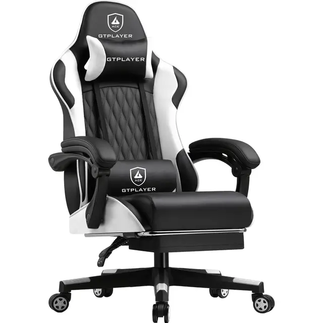 LUCKRACER Silla Gaming | Silla de Juegos para PC con Soporte Lumbar Ajustable, Reposapiés y Cojín para Cabeza - Blanco