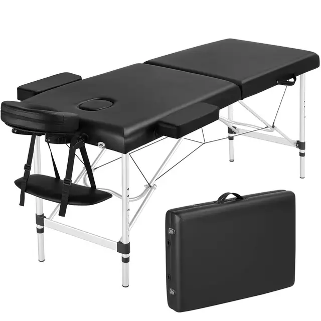 Yaheetech Camilla Masaje Plegable Portátil Profesional de 2 Zonas Capacidad 250 kg con Bolsa para Fisioterapia Reposacabezas Ajustable Altura y Reposabrazos Extraíbles 213 x 80 cm/Negro