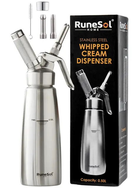 Runesol Sifón Cocina Acero Inoxidable Profesional 500ml, Sin Fugas, 3 Acero Boquillas, Sifón de Cocina para Espumas, Siphon Nata Montar para Decorar Pasteles, Postres, Ideal Productos de Cocina