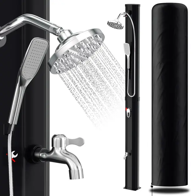 Randaco Ducha Solar de jardín, Agua Caliente hasta 60 °C, sin conexión de alimentación, Ducha de Piscina, Camping con Ducha de pies y alcachofa de Mano, Cabezal de Ducha de Lluvia orientable, Funda