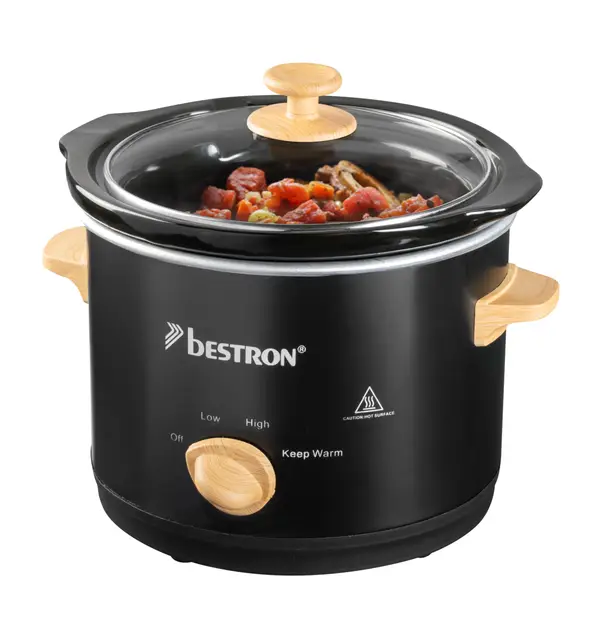 Bestron Slowcooker para 2 personas, Olla de Cocción Lenta con cacerola de cerámica y tapa de vidrio, termostato de 3 niveles, ideal para muchos platos como carne y sopas, 1.5 litros, Negro/Madera
