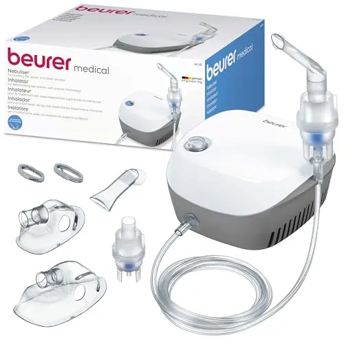 Beurer IH 18 Nebulizador, Inhalador para resfriados y enfermedades respiratorias como asma y EPOC, para la nebulización de medicamentos, nebulizador para adultos y niños, diseño en blanco, compacto