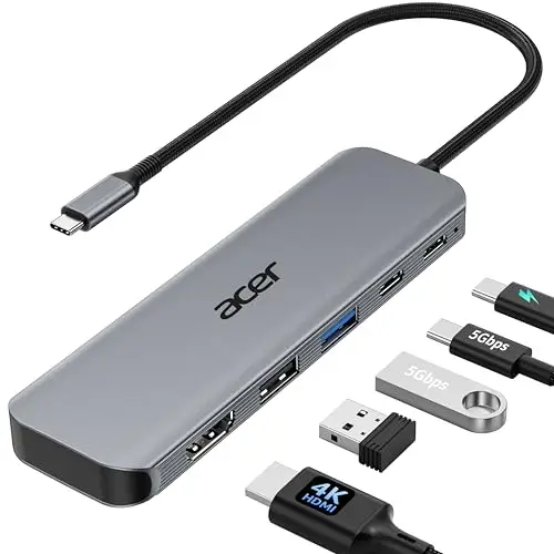 Acer Hub USB C 5 en 1, Adaptador HDMI 4K@60Hz, Puertos de Datos USB-A+C 5 Gbps, PD 100W, Divisor USB-C Multipuerto, Compatible con Windows, iOS y macOS, Ideal para iPad Pro/Air, MacBook y Surface