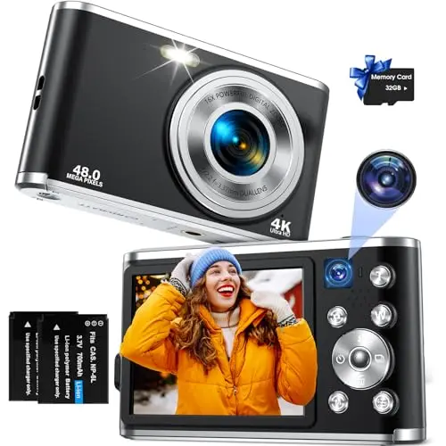 Cámara Digital, AutoFocus 4K Cámara Compacta Cámara fotográfica con Tarjeta de Memoria de 32 GB con cámara Dual HD 48 MP Zoom Digital 16X Pantalla Grande de 2,8" para Principiantes