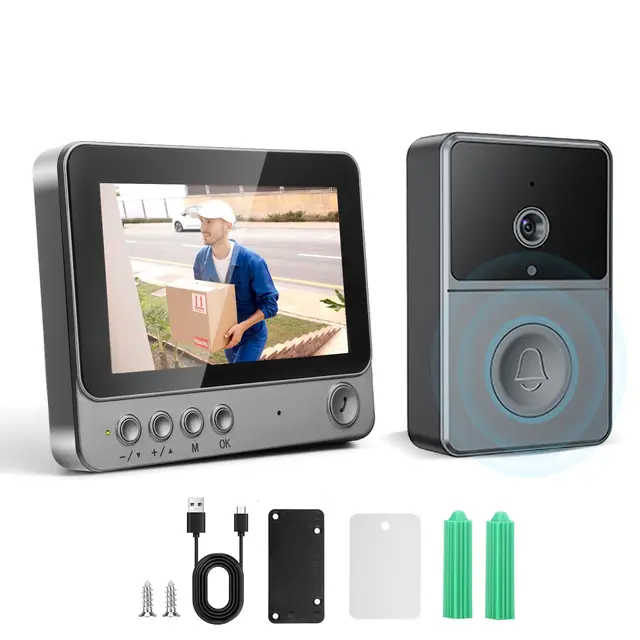Timbre inalámbrico con cámara, IP65 impermeable para exterior, pantalla HD 1080P de 4.3", timbre de video inalámbrico de 2.4G, audio bidireccional, visión nocturna, resistente a la intemperie