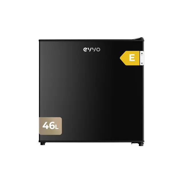 EVVO Frigorífico Mini F22BK, 46 L, Negro, Bajo Consumo 80 kWh/año, 41 dB, Mini nevera compacta para dormitorio, oficina y estudios, Diseño moderno en color negro