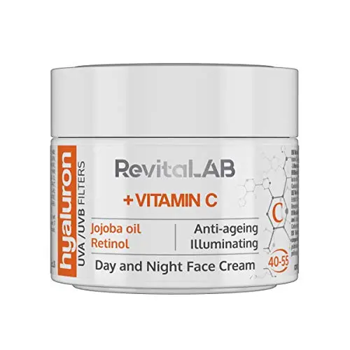 RevitaLAB - Crema antiarrugas de día y de noche con ácido hialurónico enriquecida con vitaminas A, B3, B5, E, C, aceite de jojoba y filtros UV, franja de edad 40-55, 50 ml