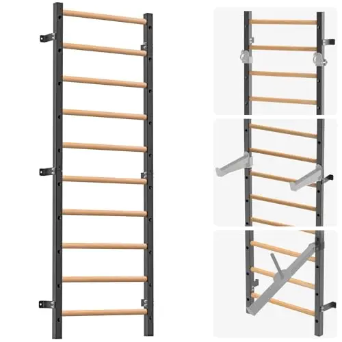 Barra de madera, escalera sueca con barra de dominadas, entrenador de suspensión montado en la pared para el hogar, gimnasio, escuela y clínica