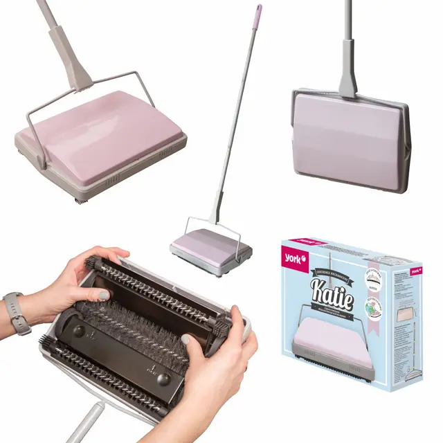 York Escoba Mecánica Recorrido Escoba De Alfombra para Recoger Las Suciedades Sweep Manual Sweeper Barredora de Mano Mopa para alfombras on Cuatro Ruedas Suaves Delgada Y Compacta Gris-Rosa