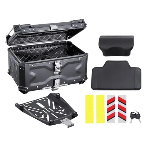 VEVOR Baúl para Motocicleta, Baúl Trasero Universal Aleación de Aluminio, con Forro de Cuero, 65 L, con Cerradura y Cojín Trasero, Apto para el 99% de los Cuadros de Motocicleta, 588 x 444 x 348 mm