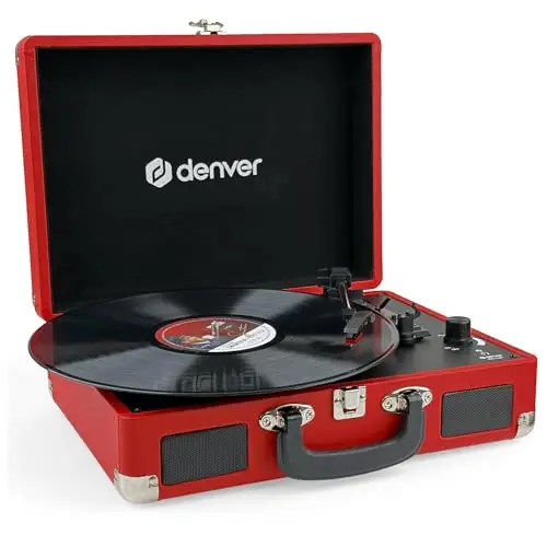 Denver VPL-120 Tocadiscos maletín Retro Rojo, 3 velocidades 33/45/78 RPM, Altavoces Integrados, grabación USB a PC, Salida Phono