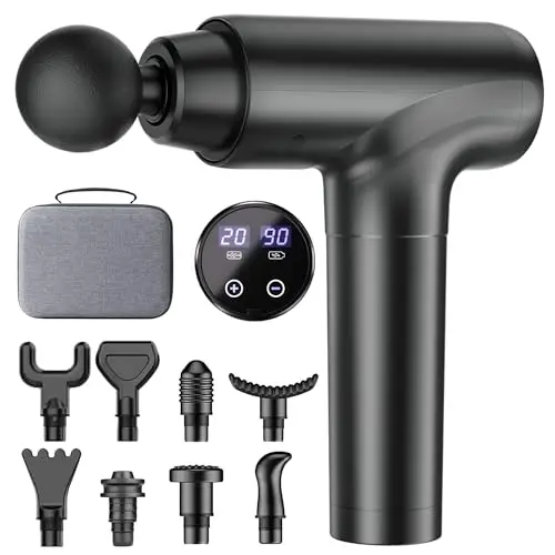 cotsoco Pistola de Masaje Muscular, Masajeador Eléctrico de Tejido Profundo con 20 Velocidades, 9 Cabezales Intercambiables, Pantalla LCD Táctil, Silencioso y Potente para Aliviar el Dolor