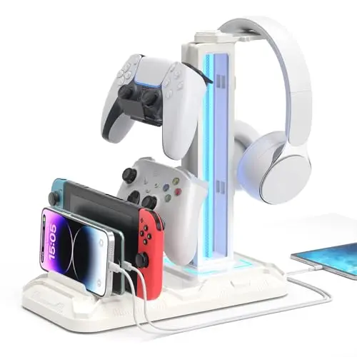 KDD Soporte Auriculares Gaming con Puertos de Carga USB Tipo C - LED Soporte Cascos y Mando Universal con Ranuras para Teléfono & 9 Modos de Luz para Juegos Accesorios Gaming PC Escritorio, Blanco