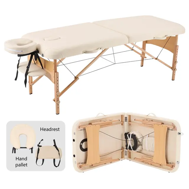 YOUNIKE Camilla Masaje Beige Plegable 2 Zonas Profesional Portátil Carga 250kg 186×70cm Altura Ajustable de Madera Haya para Belleza Tatuaje SPA con Bolsa de Transporte