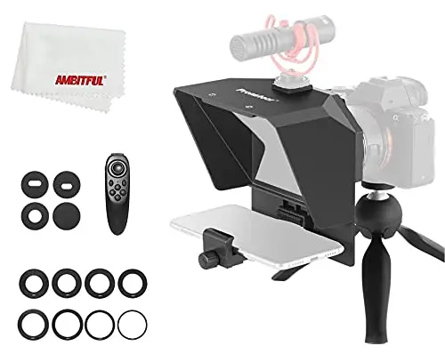 PRONSTOOR - Kit de teleprompter portátil para teléfono móvil, teleprompter, Video con Control Remoto para grabación de teléfono y DSLR (Mini teleprompter + Mini trípode)