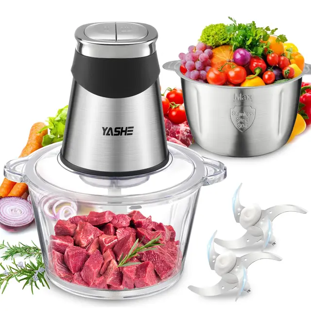 YASHE Picadora Eléctrica, Procesador de Alimentos 500W con Cuencos de Vidrio de 1.8L y Acero Inoxidable de 2L, 2 Velocidades, 2 Juegos de Cuchillas Para Carne, Verduras y Más