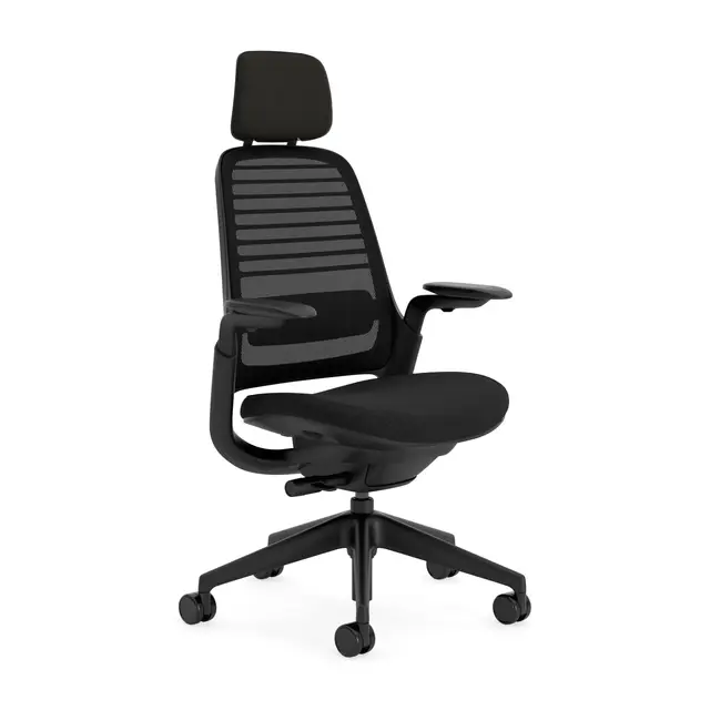 Steelcase Series 1, silla de oficina ergonómica con sujeción lumbar, brazos 4D y reposa cabeza regulables, respaldo de malla Ónix; Fabricado en Europa