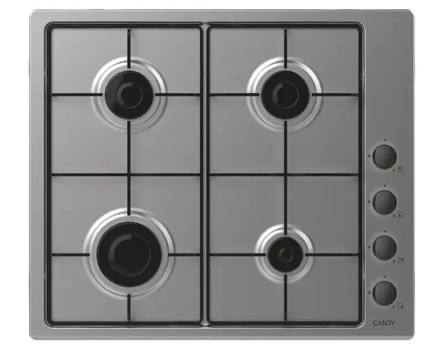 Candy Idea CHW6LBX/4U2, Placa de Gas, 4 Fuegos, 60CM, Gas Natural Adaptable a Gas Butano, 7,2KW de Potencia, Mandos Independientes Laterales, 2 Rejillas, Sistema de Seguridad en Llama, Inox