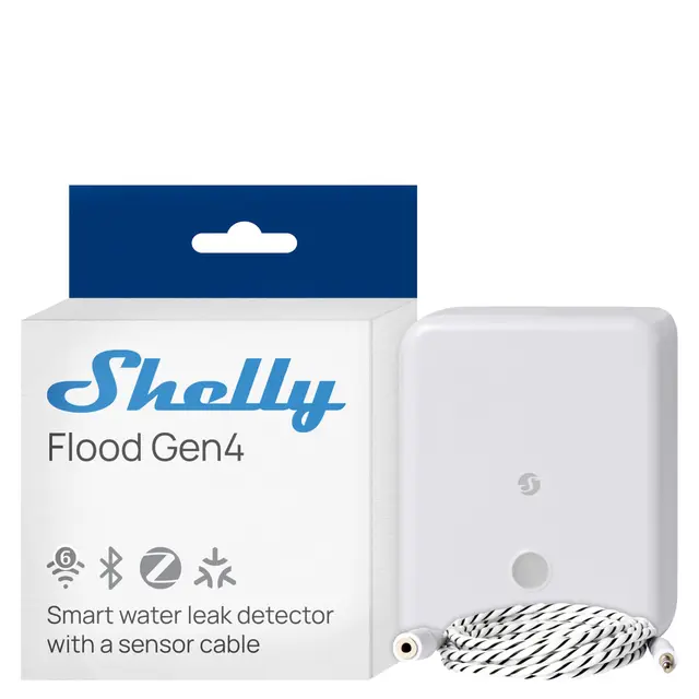 Shelly Flood Gen4 – Detector de Fugas de agua Zigbee, Wi-Fi, Bluetooth y Matter, con Cable sensor de inundación 2 m, IP44, Alarma Sonora y Notificaciones por App, Compatible Apple Home, Alexa, Google