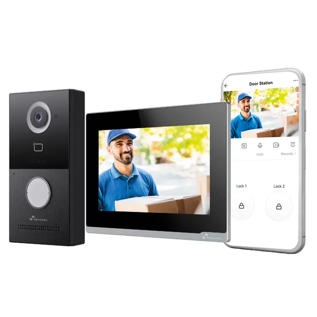 NIVIAN Videoportero WiFi Inteligente Full HD con Monitor Táctil 7”, Conexión 2 Hilos, Cámara Exterior 1080P IP65, Audio Bidireccional, Grabación en MicroSD y Control Remoto App Tuya