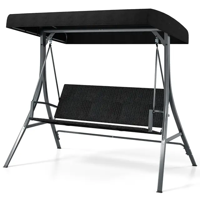 COSTWAY Balancin Jardin Exterior de 3 Plazas, Techo Ajustable, Respaldo de Asiento de Ratán, Estructura Metálica, Columpio Jardin Exterior Porche Patio Trasero, 121 x 145 x 176 cm, Carga 450kg