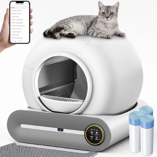 Arenero Gatos Autolimpiable, Arenero Automatico, Control de App | 65+9L Capacidad, 3 Rollos de Bolsas de Basura, Caja de Arena para Gato Automática, Desodorización con Iones Negativos