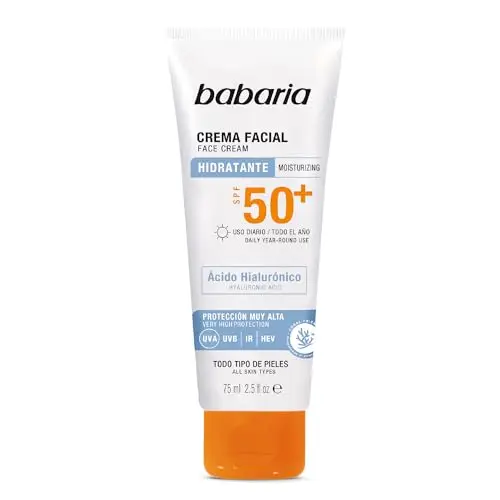 Babaria Crema Solar Facial SPF50+ con Ácido Hialurónico 75 ml – Hidratante, Antiarrugas y Antimanchas | Protector Solar 50 Facial UVA UVB e Infrarrojos