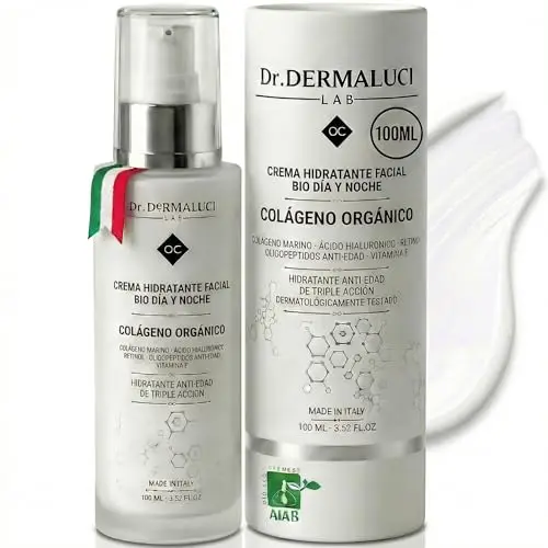 Dr. Dermaluci Crema Hidratante Facial Bio 100ml - Antiedad, Antiarrugas, Reafirmante - Con Colageno, Retinol, Acido Hialuronico, Vit E - Todo Tipo de Piel & Sensible - Mujer & Hombre - Made in Italy