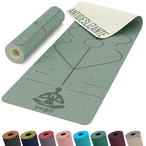 Yogii Esterilla de Yoga 6 mm Antideslizante - Esterilla Fitness de TPE para Yoga, Pilates y Entrenamiento en Casa - Esterilla Deportiva con Líneas de Alineación - Mujer y Hombre