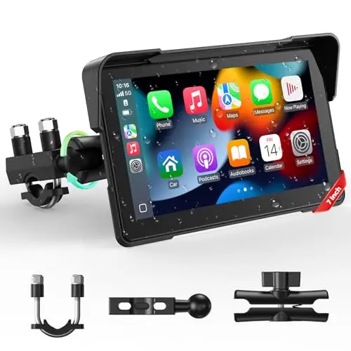 LAMTTO Pantalla Carplay para Motocicleta 7pulg, CarPlay Inalámbrico y Android Auto para Motocicletas con IPx7 Impermeable Táctil Pantalla, Bluetooth Navegación GPS Siri/G00gle Asistente