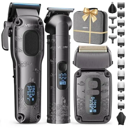VGRPRO Set de maquina de cortar pelo hombre y Trimmer, Afeitadora Eléctrica para Barba, Sin Cable Cortapelos Hombre, Configuración de 4 Velocidades, Pantalla LED de Batería, Uso de Barbero (Gris)