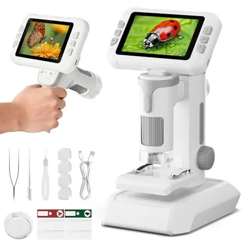 1600X Microscopio para Niños, 4.0" Pantalla Microscopio Digital con Kit de Portaobjetos y 6 Luces LED, Juguetes Ciencias Educativas, Niños Alumnos de 3 a 12 Años (Gris)